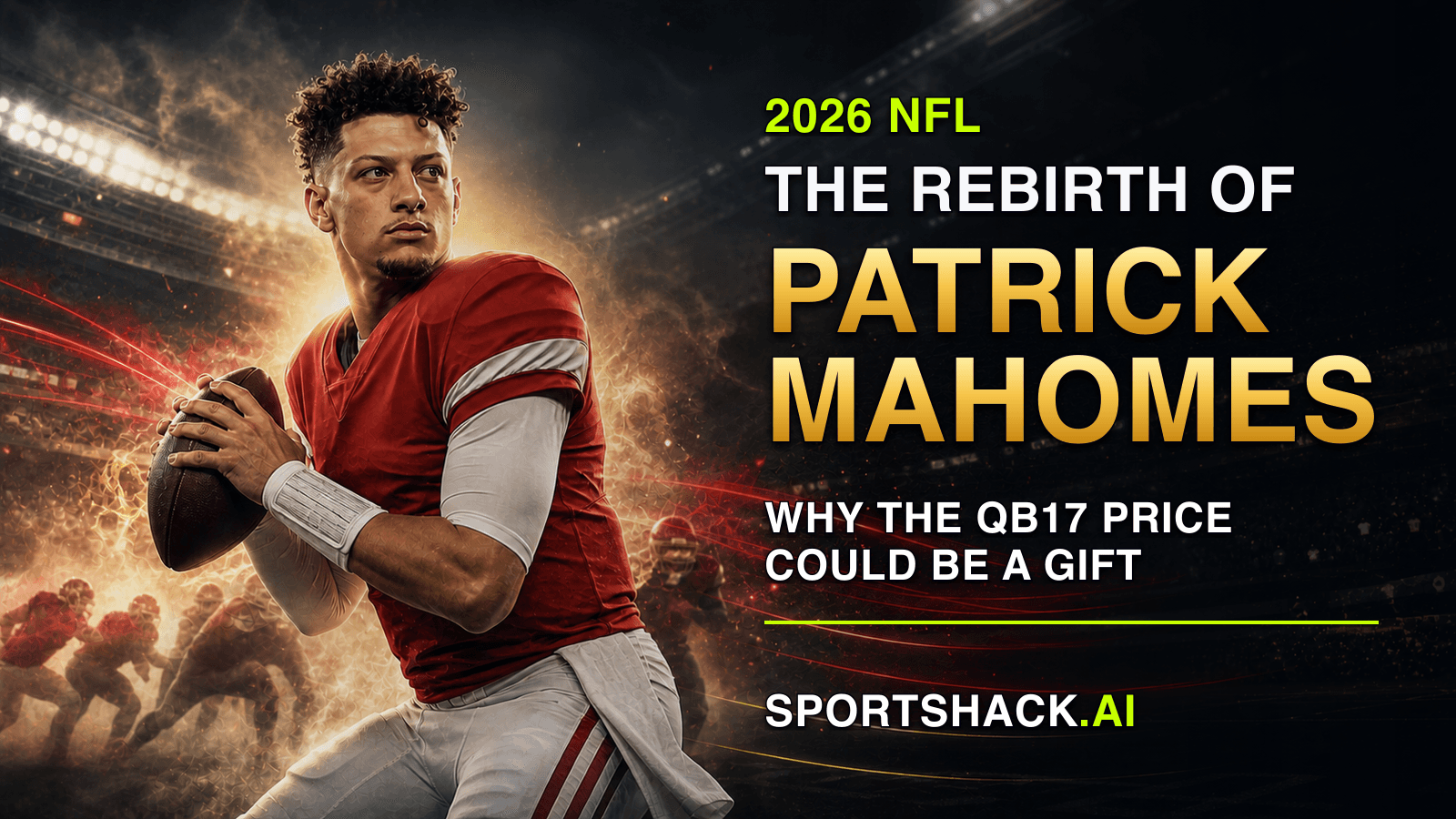 Patrick Mahomes in a red uniform under stadium lights for a 2026 fantasy football analysis graphic about his rebound outlook.