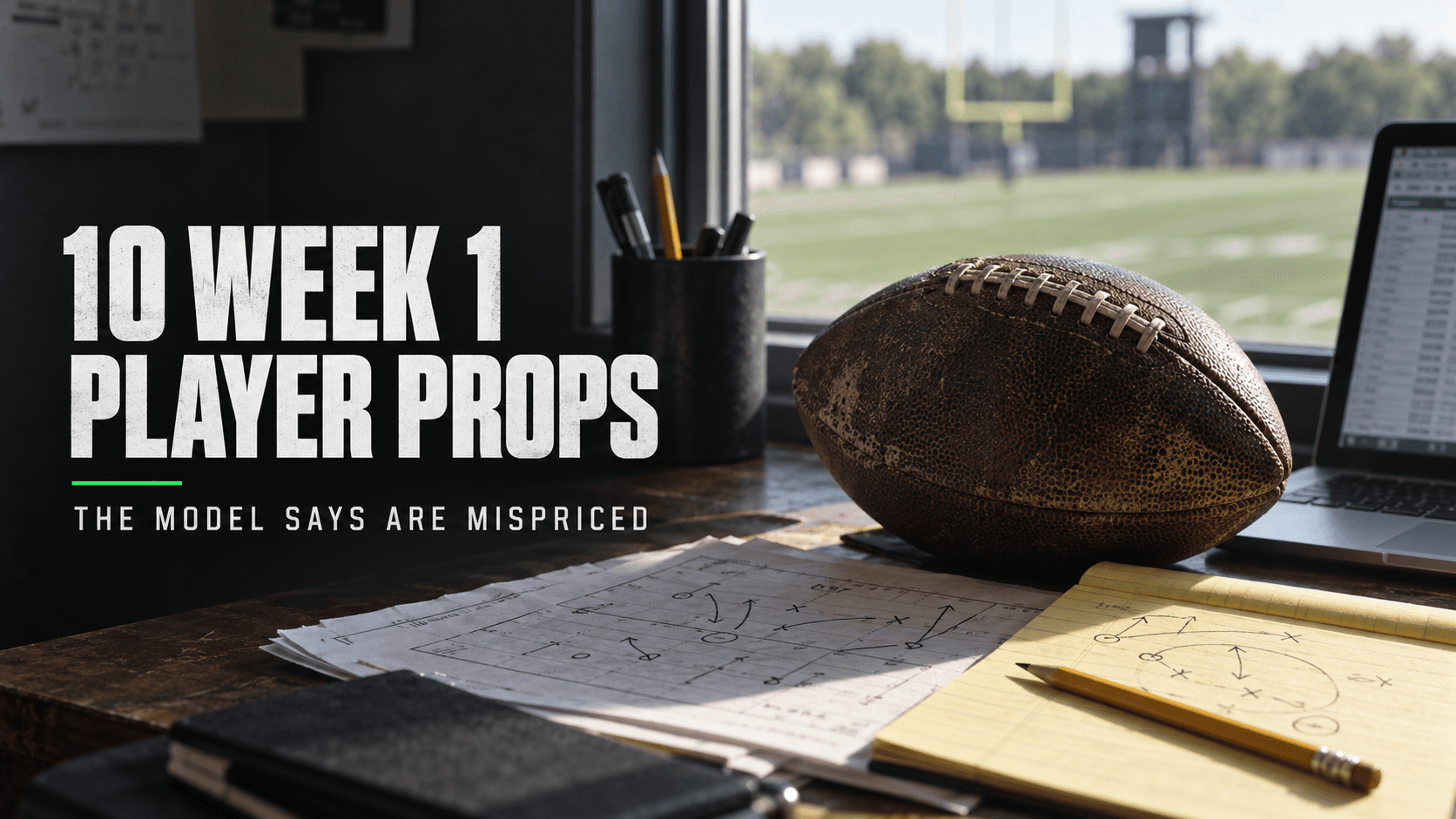 Football on a desk beside play diagrams and a laptop with the headline 10 Week 1 Player Props