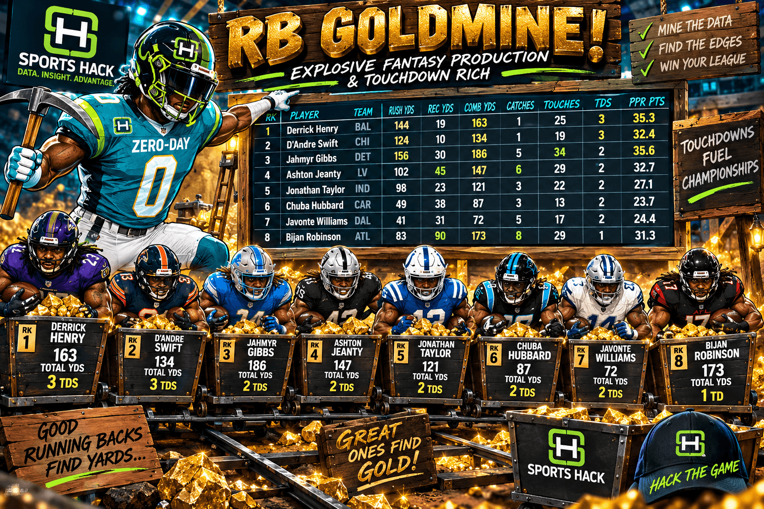 Sportshack running back goldmine graphic showing the top eight PPR running back scores from Week 1.