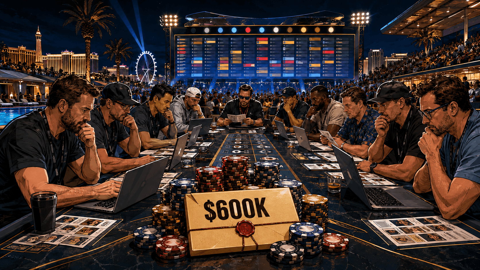 Fantasy football managers compete in the Circa World Championship draft at Stadium Swim in Las Vegas with a $600,000 first-place prize.