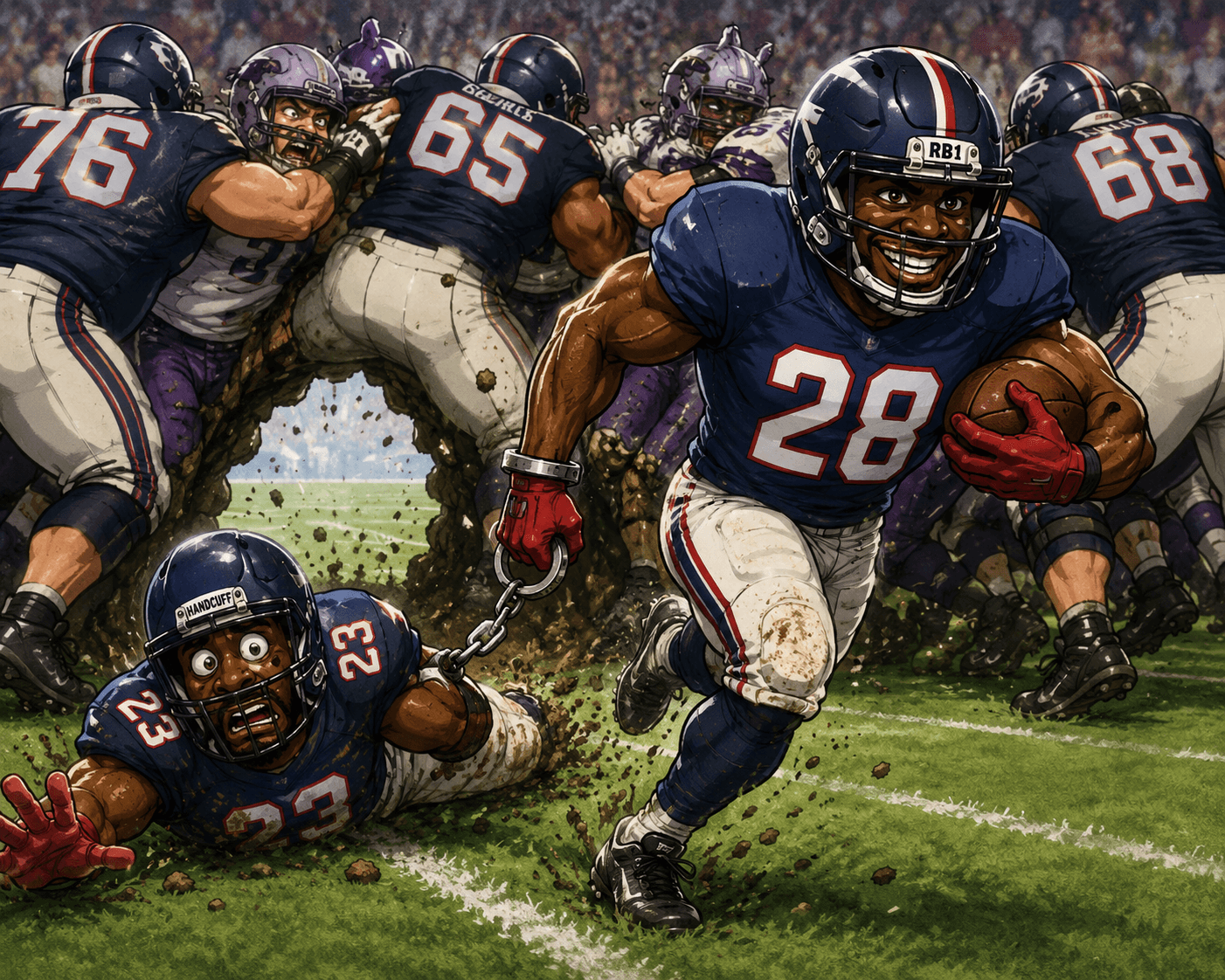 A starting fantasy running back carrying the football while his handcuff backup follows behind him.