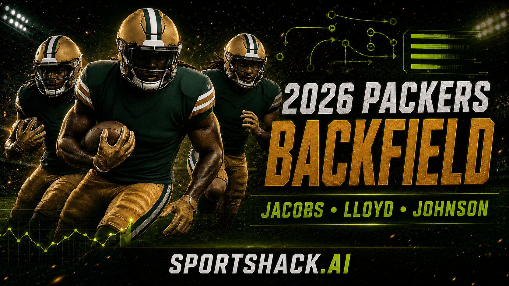 Three stylized running backs representing Josh Jacobs, MarShawn Lloyd, and Kaleb Johnson in a 2026 Green Bay backfield analysis graphic.