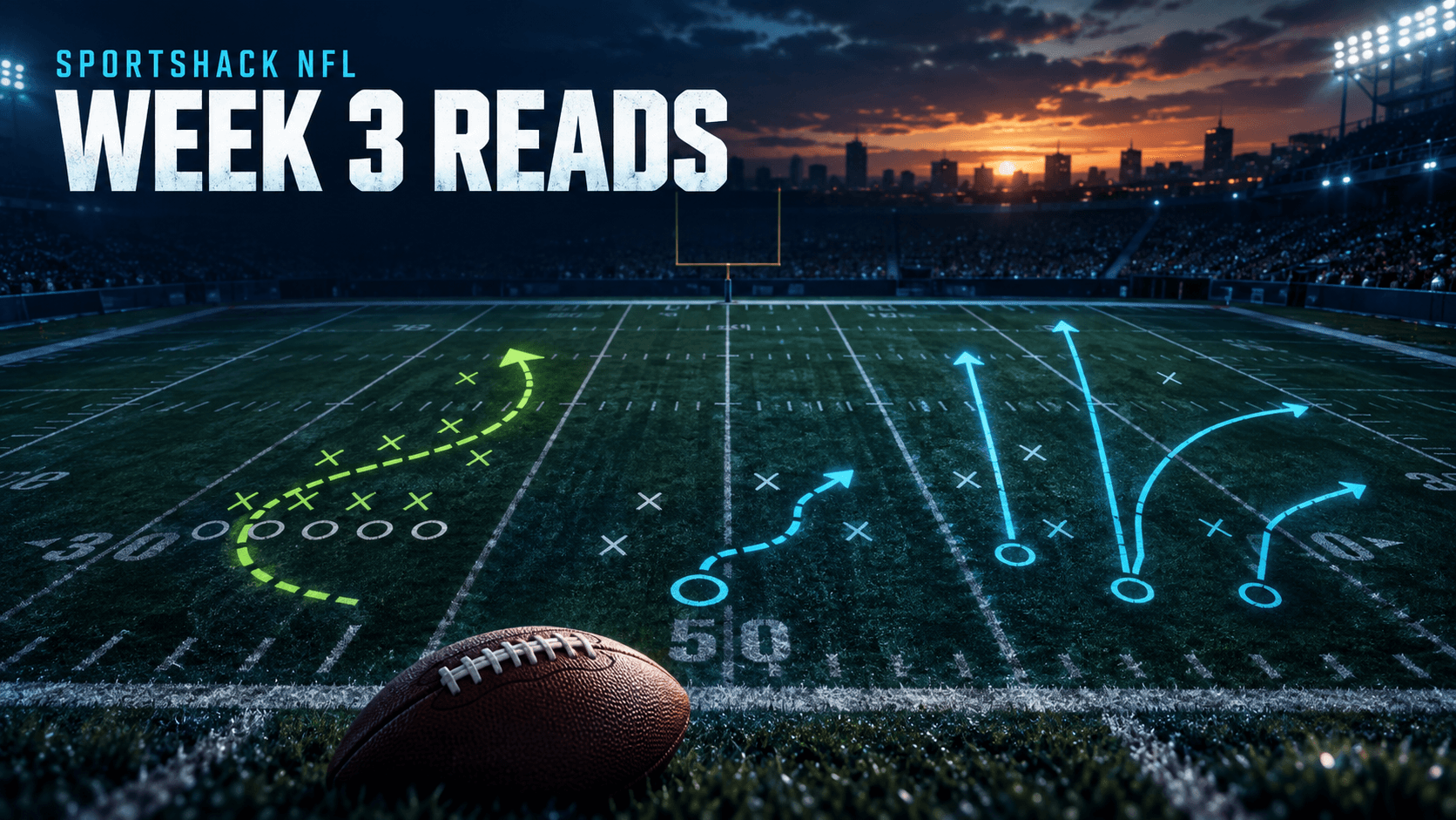 Week 3 football field graphic showing rushing, passing, and quarterback movement routes.