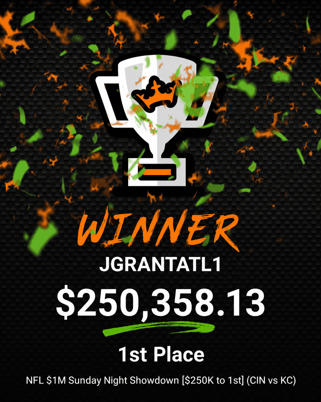 DraftKings payout screen: winner JGRANTATL1, $250,358.13, first place in the NFL $1M Sunday Night Showdown, $250K to first, Cincinnati at Kansas City.