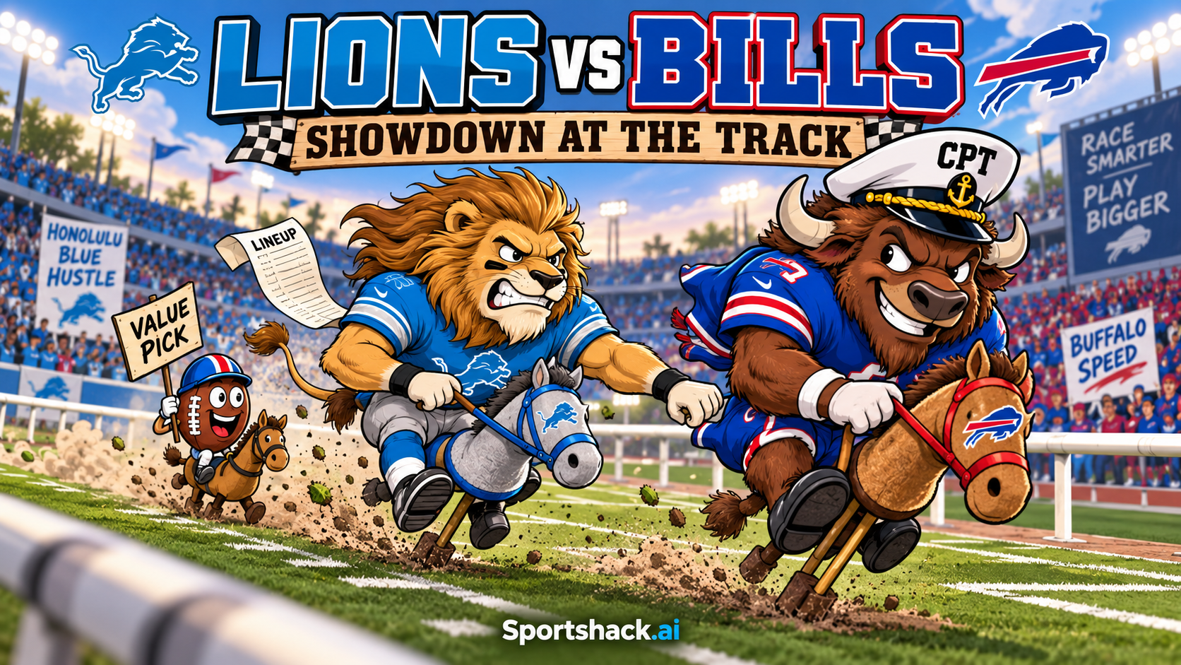 Cartoon Lions and Bills mascots race while holding footballs for Sportshack’s DraftKings Showdown Week 2 analysis.